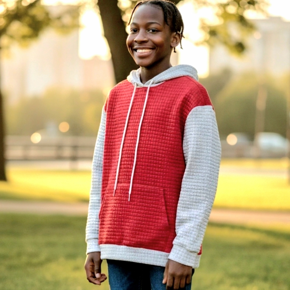 💜3/$25 NWT Small Oversized Red & Gray Waffle-knit Lightweight Hoodie Sweatshirt